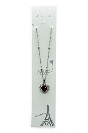 Gümüş  Renk Bordo Taş Kalp Model Top Zincir Çelik Kolye- 3810