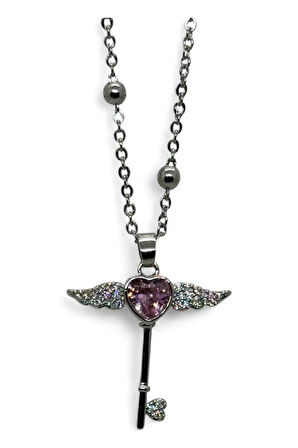 Gümüş Renk Pembe Taş Kanat Anahtar Model Sf Zincir Çelik Kolye -  3815