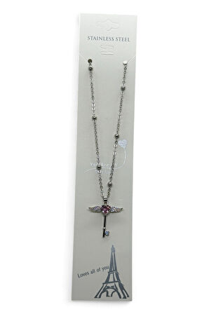 Gümüş Renk Pembe Taş Kanat Anahtar Model Sf Zincir Çelik Kolye -  3815