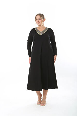 KADIN LİKRALI VİSKON YAKA TAŞLI BÜYÜK BEDEN ELBİSE