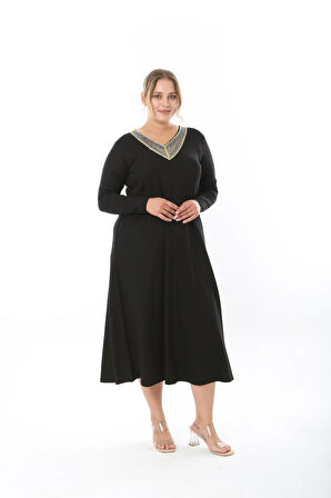 KADIN LİKRALI VİSKON YAKA TAŞLI BÜYÜK BEDEN ELBİSE