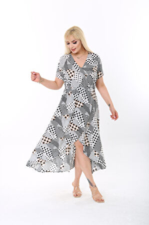  KADIN BÜYÜK BEDEN DOKUMA VİSKON SİYAH BEYAZ KREM PUANTİYELİ  KARELİI DİJİTAL BASKILI  V YAKA ELBİSE