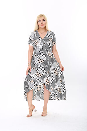 KADIN BÜYÜK BEDEN DOKUMA VİSKON SİYAH BEYAZ KREM PUANTİYELİ  KARELİI DİJİTAL BASKILI  V YAKA ELBİSE