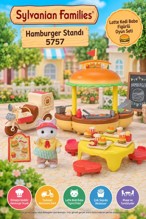 Sylvanian Families Hamburger Standı 5757 Latte Kedi Baba Figürlü Motosiklet Seti 8,5 cm
