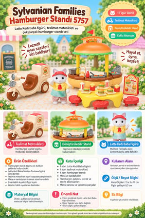 Sylvanian Families Hamburger Standı 5757 Latte Kedi Baba Figürlü Motosiklet Seti 8,5 cm