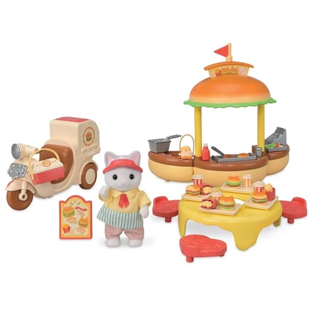 Sylvanian Families Hamburger Standı 5757 Latte Kedi Baba Figürlü Motosiklet Seti 8,5 cm