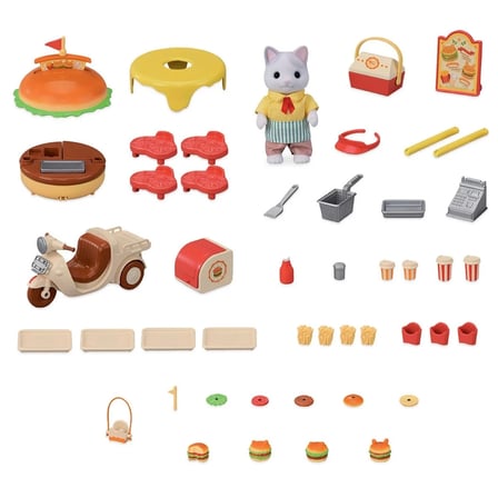 Sylvanian Families Hamburger Standı 5757 Latte Kedi Baba Figürlü Motosiklet Seti 8,5 cm