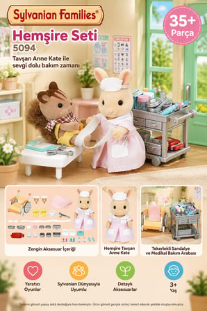 Sylvanian Families Hemşire Seti 5094 Tavşan Anne Kate 35+ Parça Tekerlekli Sandalye 8 cm
