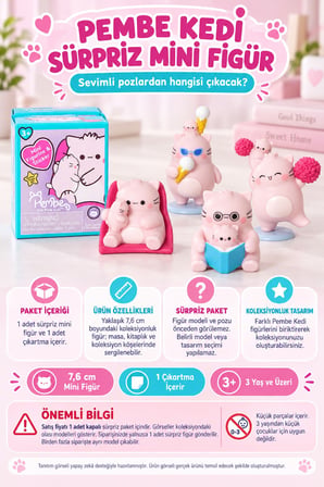 Pembe Kedi Sürpriz Paket Koleksiyonluk Mini Figür ve Çıkartma 1 Adet 7,6 cm