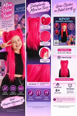 K-Pop Demon Hunters Mira Peruk 55 cm Pembe Çocuk Kostüm ve Parti Aksesuarı
