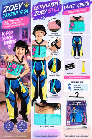 K-Pop Demon Hunters Zoey Çocuk Kostümü 9-10 Yaş M 134-140 cm Rubies 4 Parça