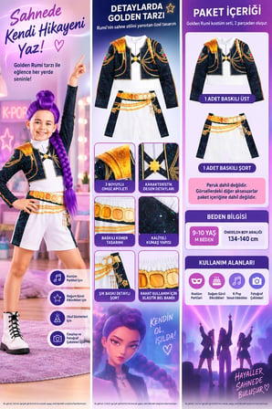 K-Pop Demon Hunters Golden Rumi Çocuk Kostüm Seti 9-10 Yaş M 134-140 cm