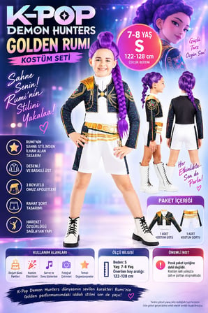 K-Pop Demon Hunters Golden Rumi Kostüm Seti Çocuk Kız 7-8 Yaş S 122-128 cm