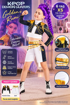 K-Pop Demon Hunters Golden Rumi Çocuk Kostüm Seti 6 Yaş XS 110-116 cm