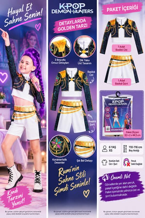 K-Pop Demon Hunters Golden Rumi Çocuk Kostüm Seti 6 Yaş XS 110-116 cm