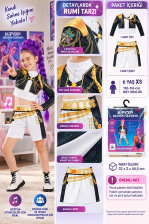 K-Pop Demon Hunters Golden Rumi Çocuk Kostüm Seti 6 Yaş XS 110-116 cm