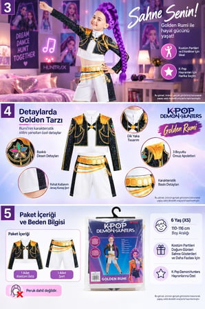 K-Pop Demon Hunters Golden Rumi Çocuk Kostüm Seti 6 Yaş XS 110-116 cm