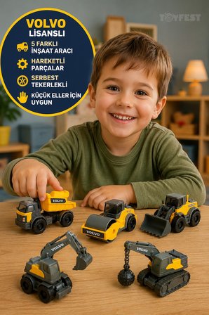 Volvo Lisanslı Micro Workers Mini İnşaat Araçları 5'li Set Hareketli Serbest Teker 9 Cm