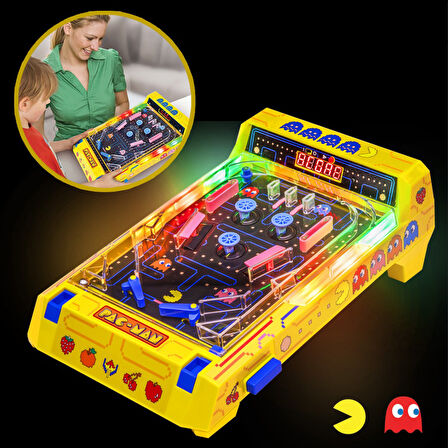 Pac-Man™ LED Işıklı Sesli Masaüstü Pinball – Elektronik Skorlu Retro Oyun Makinesi (28x14x41 cm)