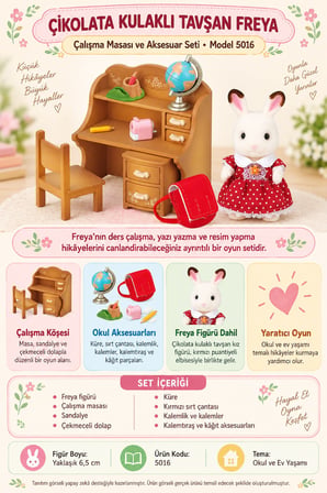 Sylvanian Families Çikolata Kulaklı Tavşan Freya Çalışma Masası Seti 5016 - 6.5 cm