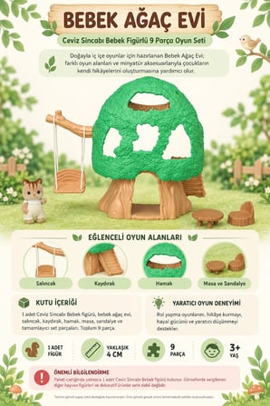 Sylvanian Families Bebek Ağaç Evi 5318 Ceviz Sincabı Figürlü 9 Parça Oyun Seti - 4 cm