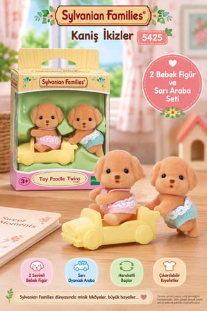 Sylvanian Families Kaniş İkizler 5425 2 Bebek Figür ve Sarı Oyuncak Araba Seti ~5 cm
