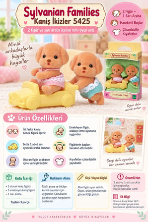Sylvanian Families Kaniş İkizler 5425 2 Bebek Figür ve Sarı Oyuncak Araba Seti ~5 cm