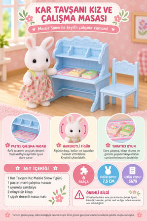 Sylvanian Families Kar Tavşanı Kız Maisie Figürlü Çalışma Masası Oyun Seti 7,5 cm