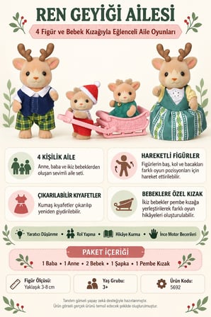 Sylvanian Families Ren Geyiği Ailesi 4 Figürlü Kızaklı Oyuncak Aile Seti 3-8 cm