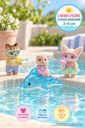 Sylvanian Families Havuz Eğlencesi 3’lü Bebek Figür ve Aksesuar Seti 5749 3-4 cm