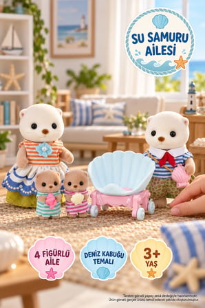 Sylvanian Families Su Samuru Ailesi 4 Figürlü Deniz Kabuklu Bebek Arabalı Oyun Seti 7,3 cm