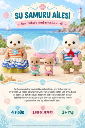 Sylvanian Families Su Samuru Ailesi 4 Figürlü Deniz Kabuklu Bebek Arabalı Oyun Seti 7,3 cm