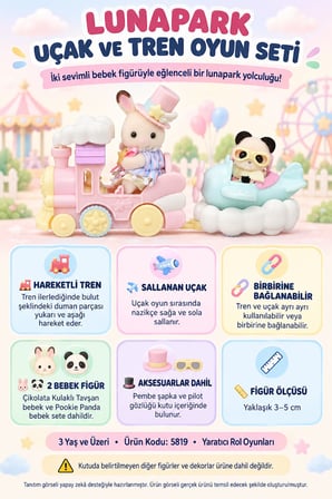 Sylvanian Families Lunapark Uçak ve Tren Seti 2 Bebek Figürlü Hareketli Oyuncak 5819 3-5 cm
