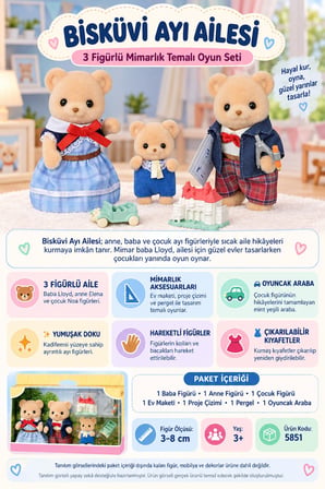 Sylvanian Families Bisküvi Ayı Ailesi 3'lü Figür ve Mimarlık Aksesuarlı Oyun Seti 3-8 cm