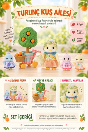 Sylvanian Families Turunç Kuş Ailesi 4 Figürlü Meyve Hasat Seti