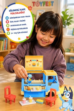 Bluey Food Truck Oyun Seti Lisanslı Figürlü Kafe Kamyonu Restoran Oyuncağı 28x14x18 cm