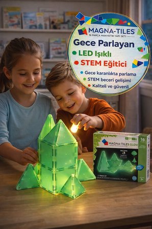 Magna-Tiles Glow 16 Parça Manyetik Yapı Seti Gece Parlayan LED Işıklı STEM Oyuncak