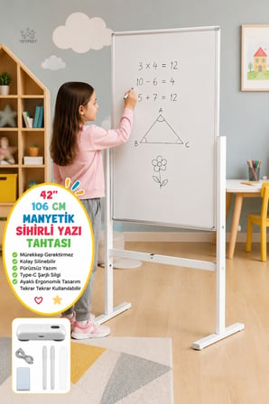 Manyetik Sihirli Yazı Tahtası Ayaklı Silinebilir Yazı Çizim Panosu Type-C Şarjlı 106 Cm