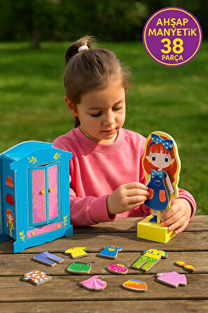 Montessori Manyetik Kız Giydirme Ahşap Moda Bebek Seti – 26 Parça Kıyafet ve 3D Gardırop