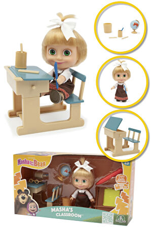 Masha & Koca Ayı 12 CM Masha Bebek ve Kalemli, Silinebilir Tahtası ile Okul Oyun Seti