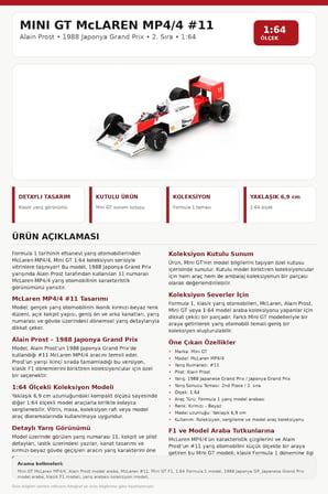 Mini GT McLaren MP4/4 #11 Alain Prost 1988 Japonya GP 2.lik 1:64 F1 Model Araba Yaklaşık 6,9 cm