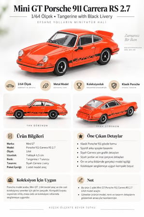 Mini GT Porsche 911 Carrera RS 2.7 1/64 Tangerine Siyah Livery Koleksiyon Model Araba 6,5 cm