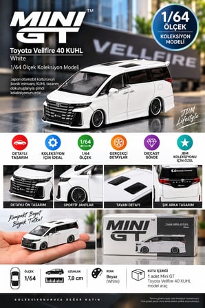 Mini GT Toyota Vellfire 40 KUHL White 1/64 Diecast Koleksiyon Model Araba 7,8 cm