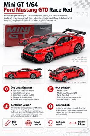 Mini GT Ford Mustang GTD Race Red 1/64 Diecast Koleksiyonluk Model Araba 7,5 cm