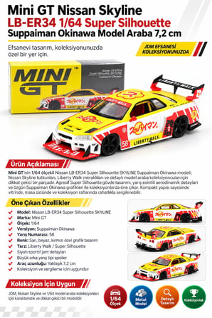 Mini GT Nissan Skyline LB-ER34 1/64 Super Silhouette Suppaiman Okinawa Model Araba 7,2 cm