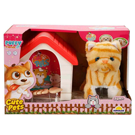 Sesli ve Hareketli Kulübeli Sevimli Peluş Kedi