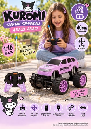 Kuromi Uzaktan Kumandalı Araba 1:18 Jumbo Wheels USB Şarjlı 40 MHz Arazi Aracı 27 cm