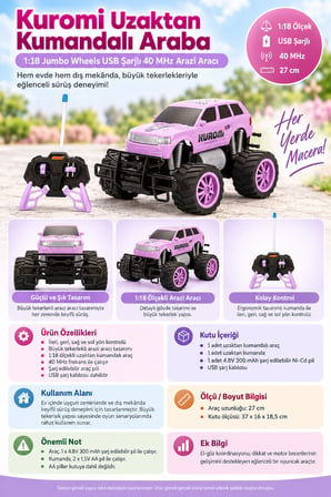 Kuromi Uzaktan Kumandalı Araba 1:18 Jumbo Wheels USB Şarjlı 40 MHz Arazi Aracı 27 cm