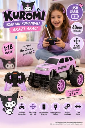 Kuromi Uzaktan Kumandalı Araba 1:18 Jumbo Wheels USB Şarjlı 40 MHz Arazi Aracı 27 cm