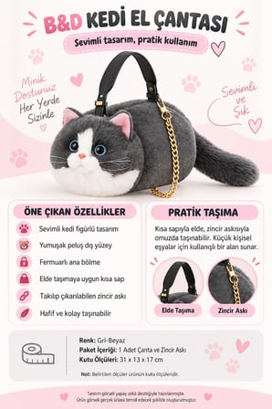 Kedi Çocuk El Çantası B&D Gri Peluş Omuz Askılı Fermuarlı 31 x 13 x 17 cm